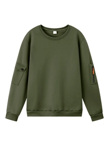 Army green long sleeve sweatshirt with ribbed neck and functional sleeve zipper pockets