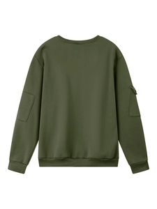 Detail of army green sweatshirt featuring functional sleeve pockets and ribbed cuffs