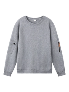 Men's light grey crewneck sweatshirt with tactical zipper pocket and orange zipper puller