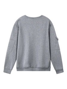 Rear view of casual gray sweatshirt featuring a tactical sleeve pocket and ribbed hem