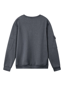 Detail view of ribbed round neck and utilitarian sleeve pockets on dark grey sweatshirt