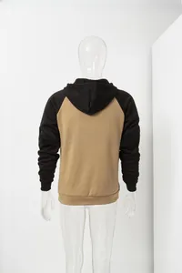 Rear view of color block hoodie featuring raglan sleeves and ribbed cuffs in black and khaki