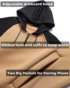 Detail view of the drawstring hood and zip-up collar on the color-block men's hoodie