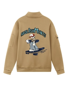 Felpa oversize kaki con colletto alla coreana e stampa cartoon skater sul retro