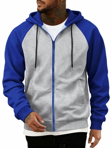 Close-up of contrast raglan sleeve zipper hoodie with blue hood and grey body detail