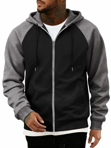 Detailed close-up of the two-tone raglan sleeves and metal zipper on the men's hoodie
