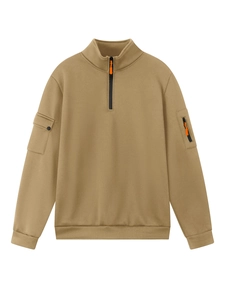 Felpa da uomo slim fit kaki con mezza zip e tasche funzionali sulle maniche e polsini