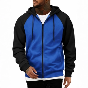 Men's blue and black contrast raglan sleeve hooded zip-up sweatshirt in relaxed fit