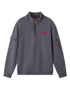 Felpa da uomo grigio scuro con mezza zip, stampa astratta e tasche sulle maniche stile utility