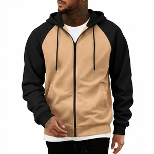 Men's khaki and black color-block zip-up hoodie with raglan sleeves and ribbed cuffs