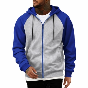 Men's casual zip-up hoodie featuring a light grey body and royal blue raglan sleeves