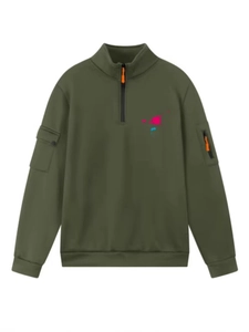 Felpa con cappuccio a mezza zip verde militare con tasche tattiche e stampa art