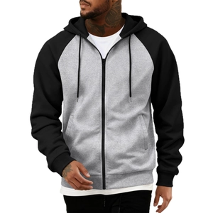 Men's color block zip-up hoodie featuring grey texture and black raglan sleeves