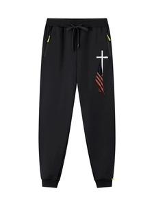 Μαύρο παντελόνι joggers για άνδρες με τσέπες με φερμουάρ και σχέδιο σταυρού σημαίας