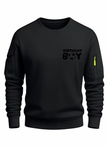 Men's black crewneck sweatshirt with Birthday Boy soccer print and utility sleeve pockets