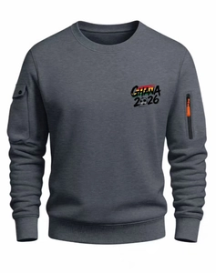 Detail shot of men's dark grey sweatshirt featuring Ghana 2026 print and sleeve zipper pocket