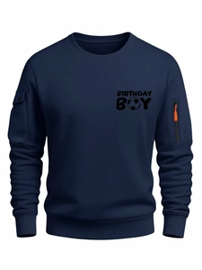 Men's navy crewneck sweatshirt with Birthday Boy print and utility sleeve pockets