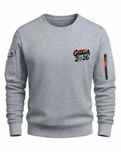 Close-up of Ghana 2026 print and sleeve zipper pocket on grey crewneck sweatshirt