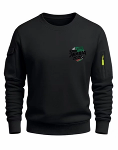 Detail of black crewneck sweatshirt with tactical sleeve pockets and 2026 print