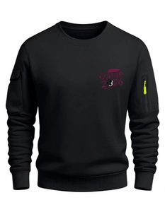 Detail of Qatar 2026 black sweatshirt with sleeve pockets and vibrant purple logo
