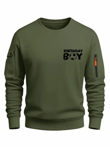 Detail of army green sweatshirt with Birthday Boy print and utility sleeve pocket