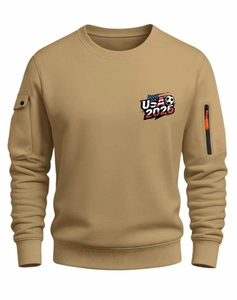 Detail of khaki crew neck sweatshirt with USA 2026 print and orange zipper arm pocket