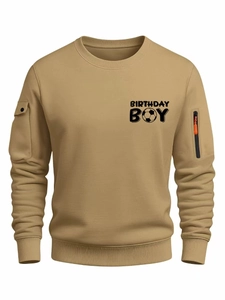 Men's khaki crewneck sweatshirt with Birthday Boy football print and zip sleeve pocket