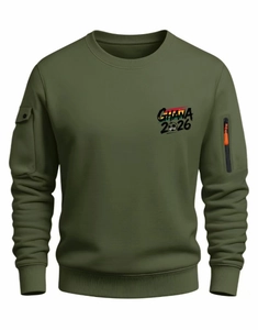 Detail of army green sweatshirt with GHANA 2026 print and utility sleeve zipper pocket