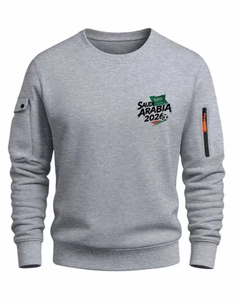 Detail of grey sweatshirt with functional arm pockets and Saudi Arabia 2026 print