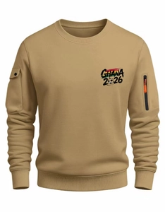 Detail of khaki men sweatshirt with zipper arm pocket and Ghana 2026 soccer print