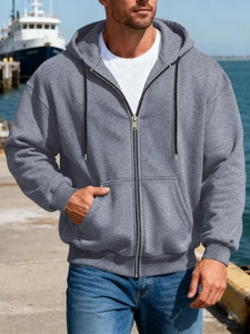 Men's casual heather grey zip-up hoodie featuring a kangaroo pocket and drawstring hood