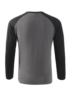Close-up of men's raglan t-shirt back with grey body and black sleeves details