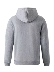 Grey hooded sweatshirt for men with a relaxed shoulder design and ribbed cuffs back view