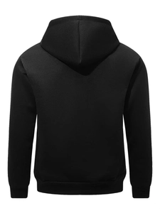 Back view of a plain black oversized hoodie with drop shoulders and ribbed hem details