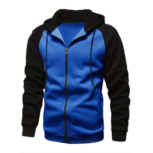 Felpa con cappuccio uomo blu e nera con zip intera e maniche raglan