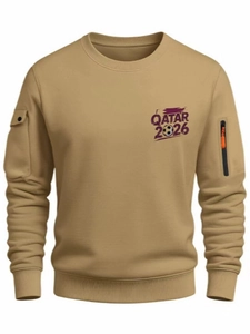 Men's khaki crewneck sweatshirt with Qatar 2026 print and utility arm pockets