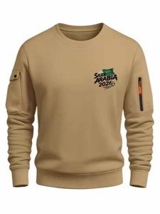 Men's khaki crew neck sweatshirt with Saudi Arabia 2026 print and utility sleeve pockets