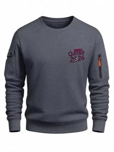 Men's dark charcoal printed sweatshirt with Qatar 2026 soccer graphic and sleeve zip detail
