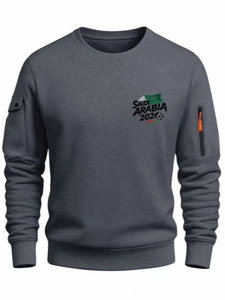 Men's dark grey sweatshirt featuring Saudi Arabia 2026 print and utility sleeve pockets