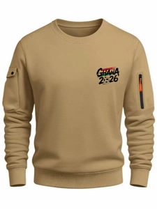 Men's khaki crew neck sweatshirt with Ghana 2026 soccer print and arm zipper pocket