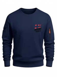 Felpa girocollo blu scuro da uomo con stampa Norway 2026 e tasche sulle maniche casual