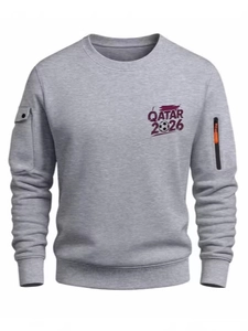 Men's grey crewneck sweatshirt with Qatar 2026 print and functional sleeve pockets
