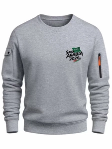 Men's dark grey crewneck sweatshirt with Saudi Arabia 2026 print and utility sleeve pockets