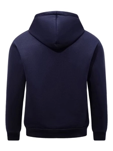 Detailed back view of a dark blue hooded sweatshirt with ribbed cuffs and hem