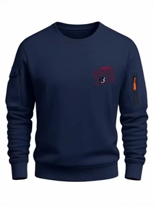 Men's navy blue crewneck sweatshirt with Qatar 2022 print and orange zipper sleeve pocket