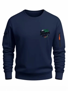 Men's navy blue crewneck sweatshirt with Saudi Arabia 2026 soccer print and sleeve pocket