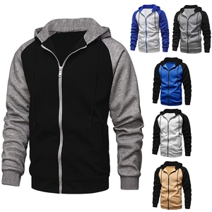 Veste à Capuche Zippée Décontractée en Molleton pour Hommes Polyester Contraste Color Block Patchwork Manches Longues Raglan