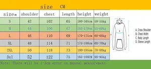 Detailed size chart for hooded sweatshirts showing S to 3XL measurements and body dimensions