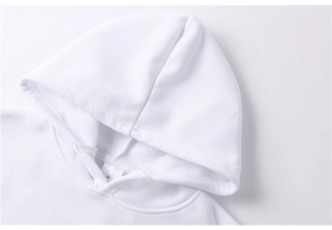 Close-up of white drawstring hoodie with soft cotton texture and size M neck label