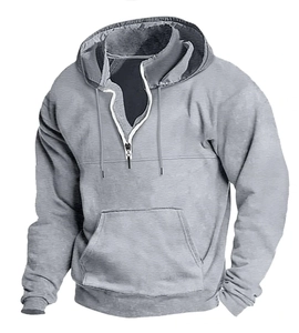 Detail of grey men's hoodie featuring a half-zip neckline, drawstring hood and kangaroo pocket
